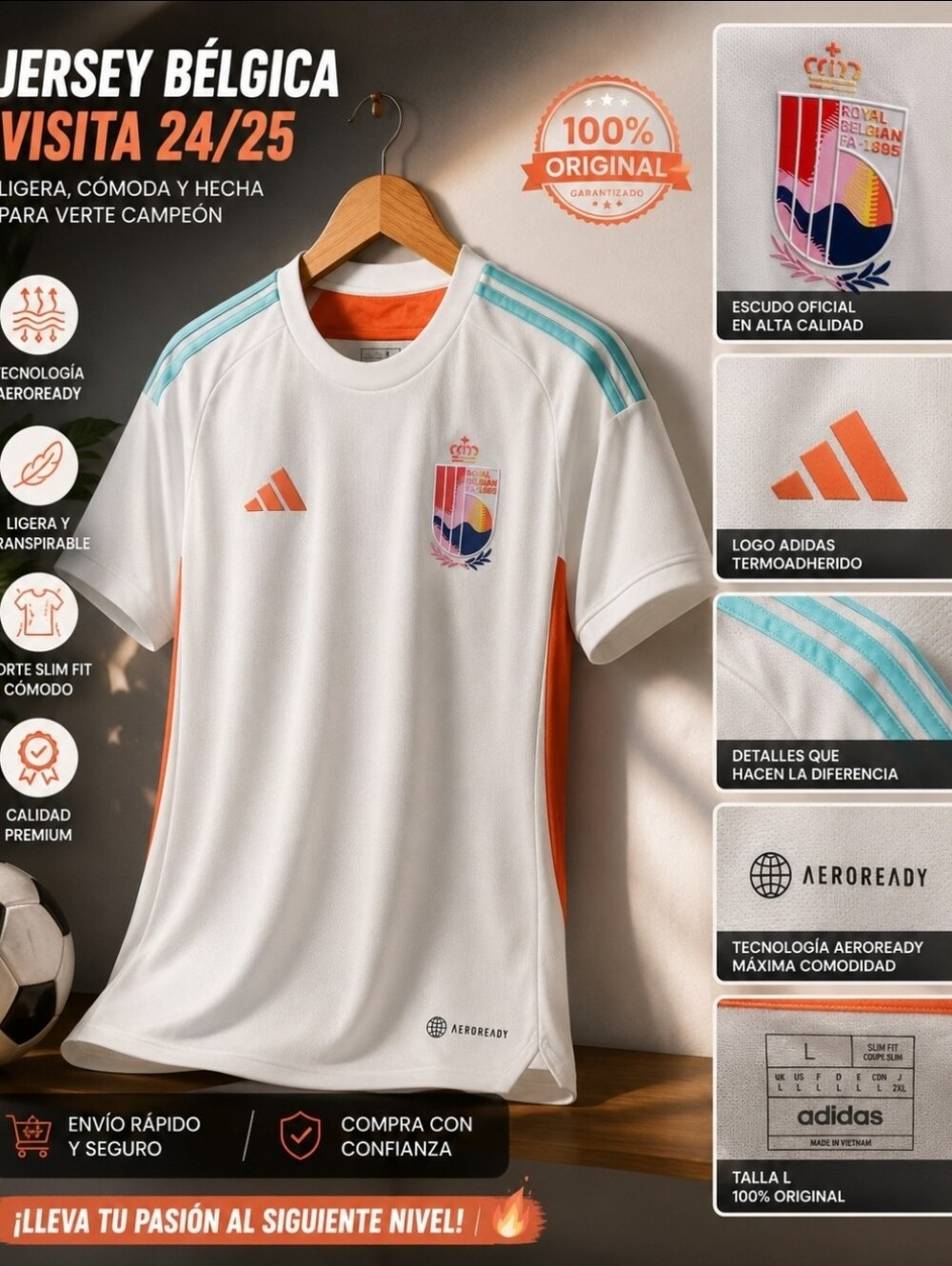 Adidas Belgium Away Jersey 2024/25 White Size L Aeroready Soccer Shirt